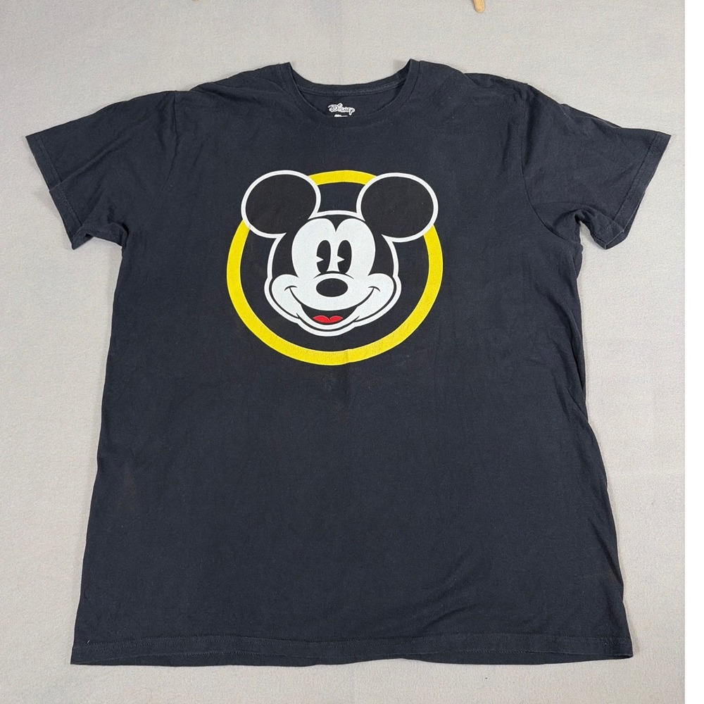 Disney Mickey Mouse Graphic T-Shirt Black XL Yellow Circle Logo Cotton Tee